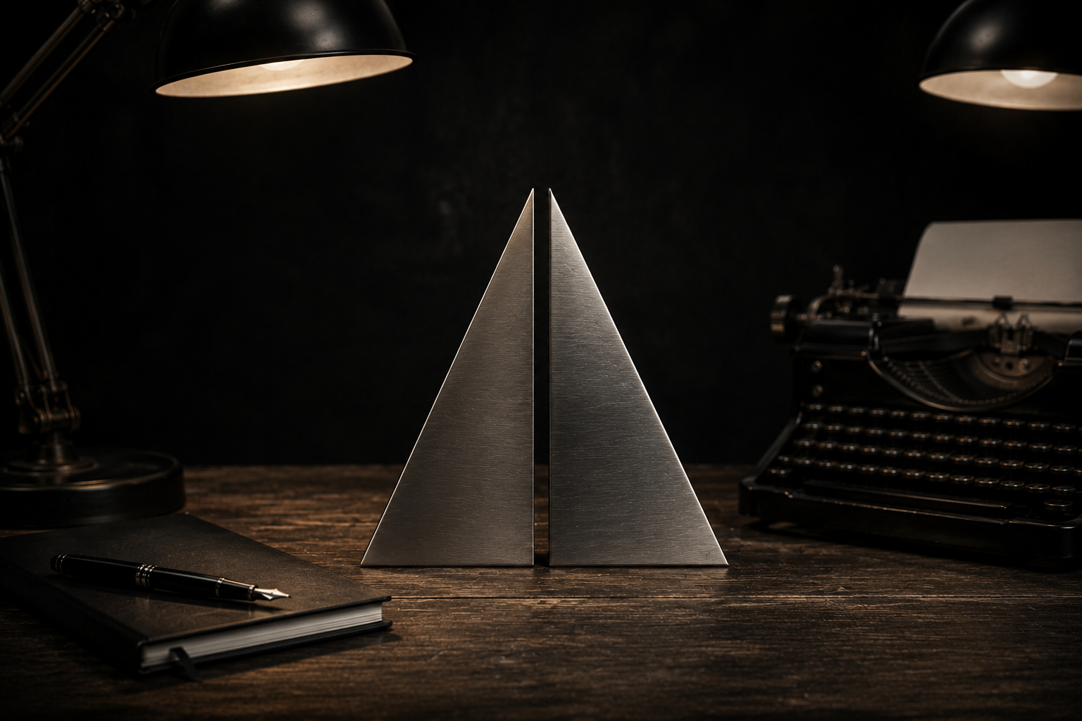 Brushed steel pyramid on a writer&rsquo;s desk